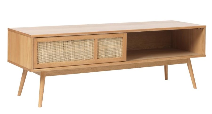 Barrali TV-bord, m. 1 skydelge og 1 hylde - natur rattan og egetr (150x45)
