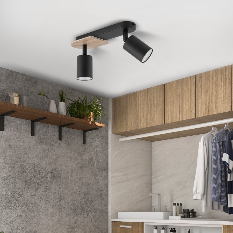 TK Cover loftlampe, m. 2 skrme - valnddefarvet tr og sort stl