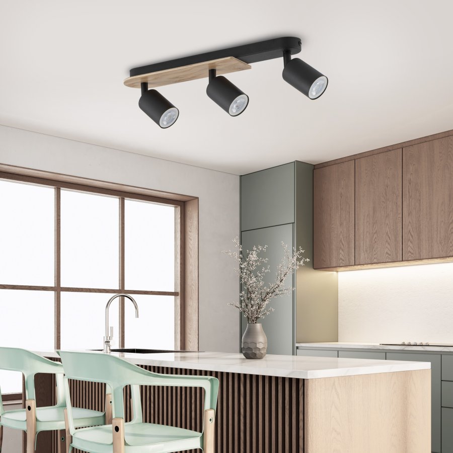 TK Cover loftlampe, m. 3 skrme - valnddefarvet tr og sort stl