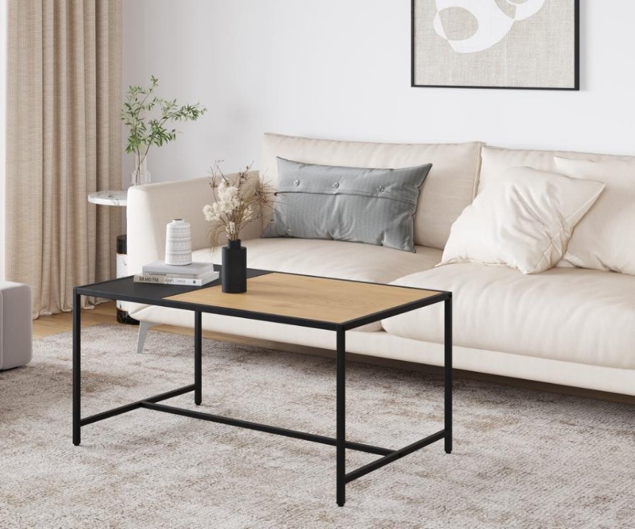 Altino sofabord, rektangulr - natur villdeg melamin og sort metal (60x100)
