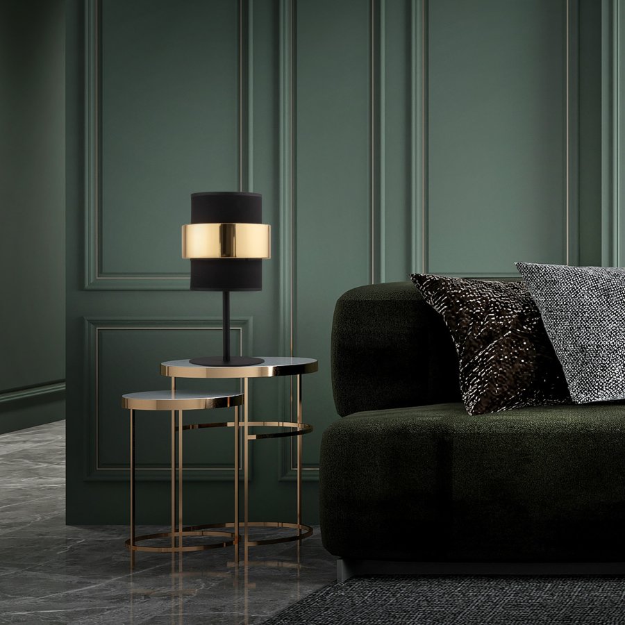 TK Calisto bordlampe, m. 3 skrme - sort stof og guld stl