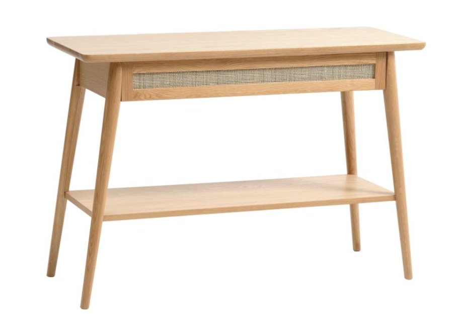 Barrali konsolbord, m. 1 hylde og 1 skuffe - natur rattan, egefinér og egetr (110x40)