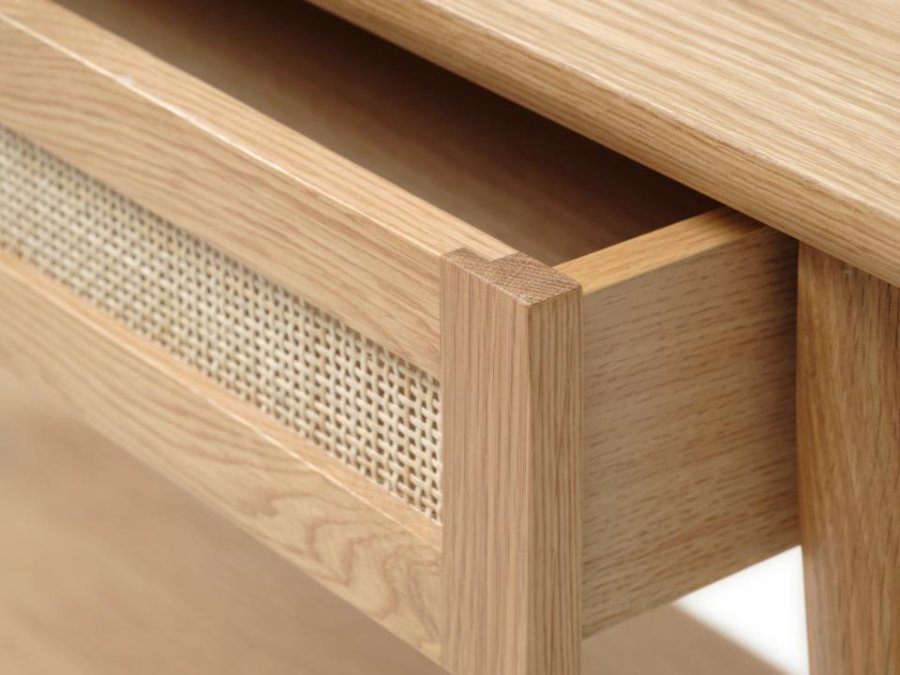 Barrali konsolbord, m. 1 hylde og 1 skuffe - natur rattan, egefinér og egetr (110x40)