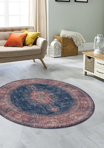 TEPPI Blues gulvtppe, m. mnster, rund - multifarvet polyester (150)