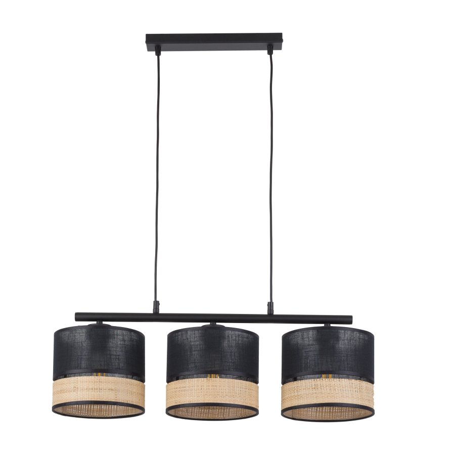 TK Paglia loftlampe, m. 3 skrme - sort stof og natur flet