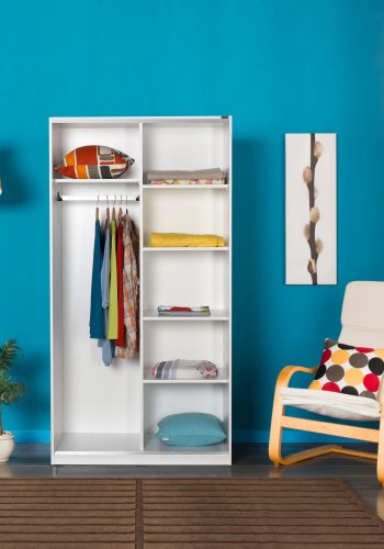 NORDVÄRK SWD garderobeskab, m. 2 skydelger, 1 bjlestang, 5 hylder - hvid melamin
