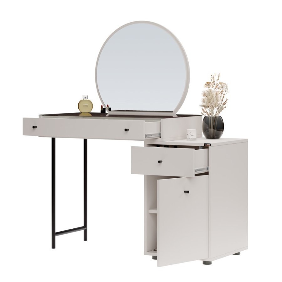 NORDVÄRK Tmu-712-Vv-1 makeup bord, m. spejl, 1 lge, 1 hylde, 2 skuffer - glas og melamin (108x47)