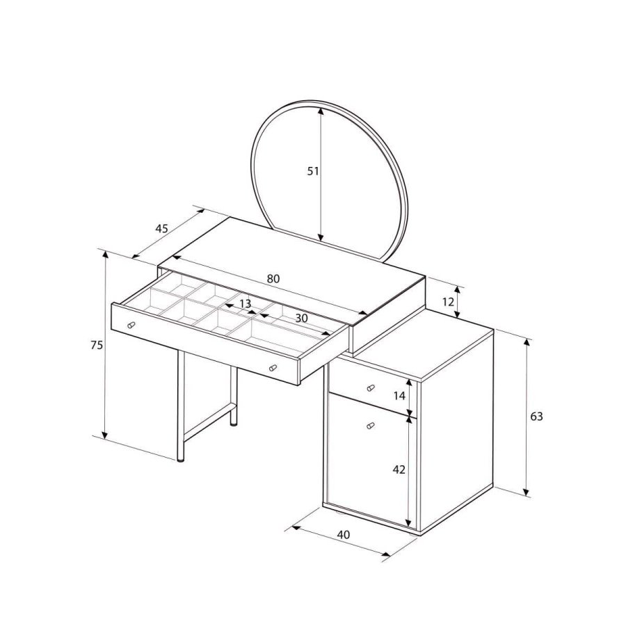 NORDVÄRK Tmu-712-Vv-1 makeup bord, m. spejl, 1 lge, 1 hylde, 2 skuffer - glas og melamin (108x47)