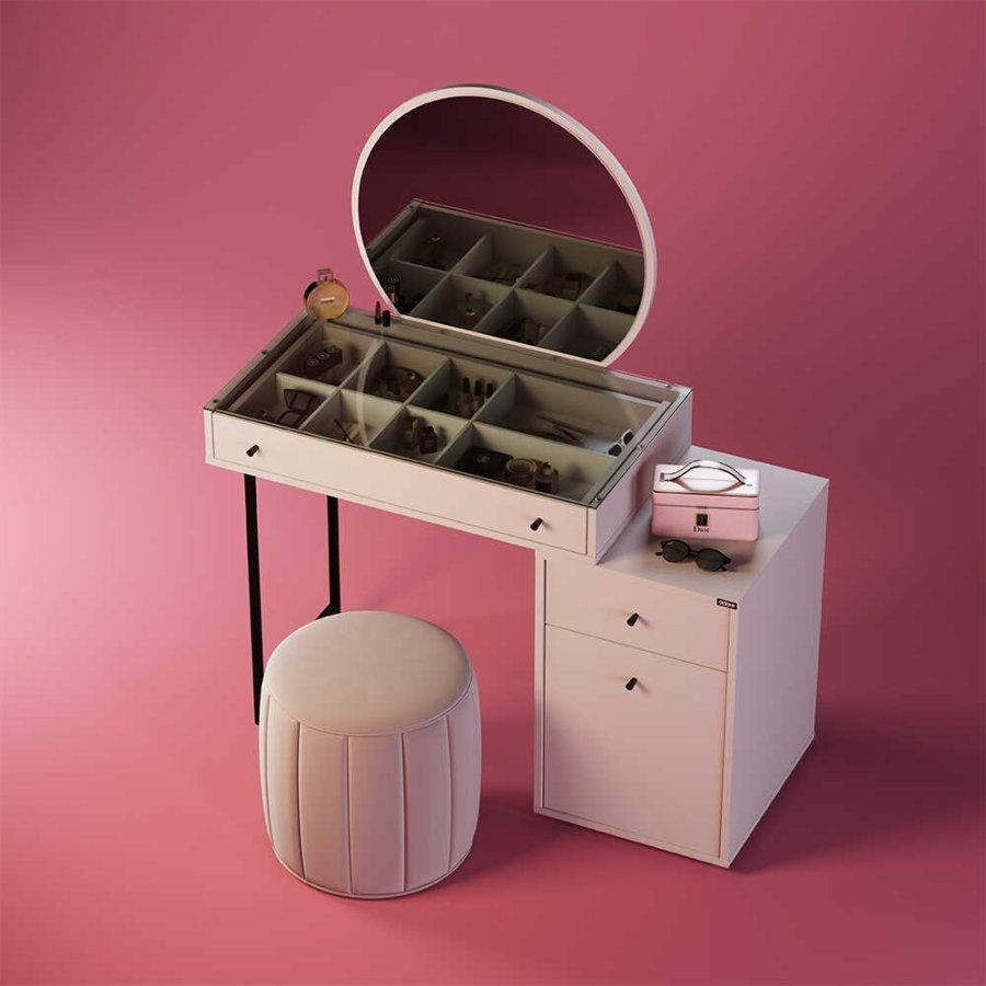 NORDVÄRK Tmu-712-Vv-1 makeup bord, m. spejl, 1 lge, 1 hylde, 2 skuffer - glas og melamin (108x47)