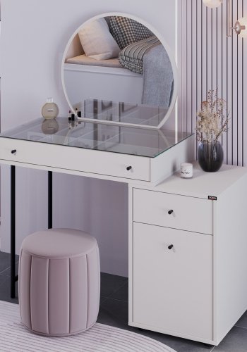 NORDVÄRK Tmu-712-Vv-1 makeup bord, m. spejl, 1 lge, 1 hylde, 2 skuffer - glas og melamin (108x47)