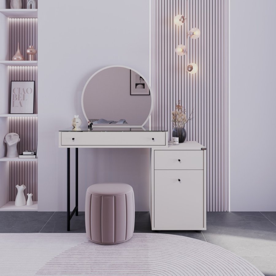 NORDVÄRK Tmu-712-Vv-1 makeup bord, m. spejl, 1 lge, 1 hylde, 2 skuffer - glas og melamin (108x47)