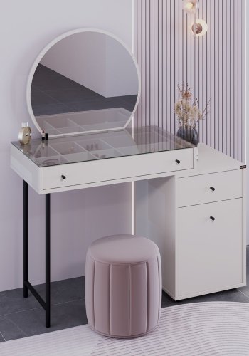 NORDVÄRK Tmu-712-Vv-1 makeup bord, m. spejl, 1 lge, 1 hylde, 2 skuffer - glas og melamin (108x47)