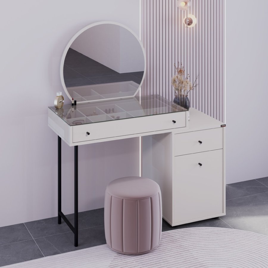 NORDVÄRK Tmu-712-Vv-1 makeup bord, m. spejl, 1 lge, 1 hylde, 2 skuffer - glas og melamin (108x47)