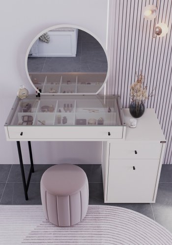 NORDVÄRK Tmu-712-Vv-1 makeup bord, m. spejl, 1 lge, 1 hylde, 2 skuffer - glas og melamin (108x47)