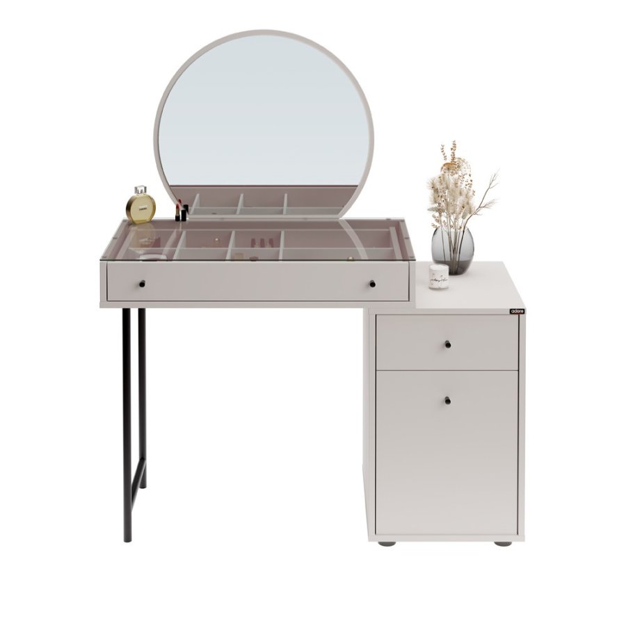 NORDVÄRK Tmu-712-Vv-1 makeup bord, m. spejl, 1 lge, 1 hylde, 2 skuffer - glas og melamin (108x47)