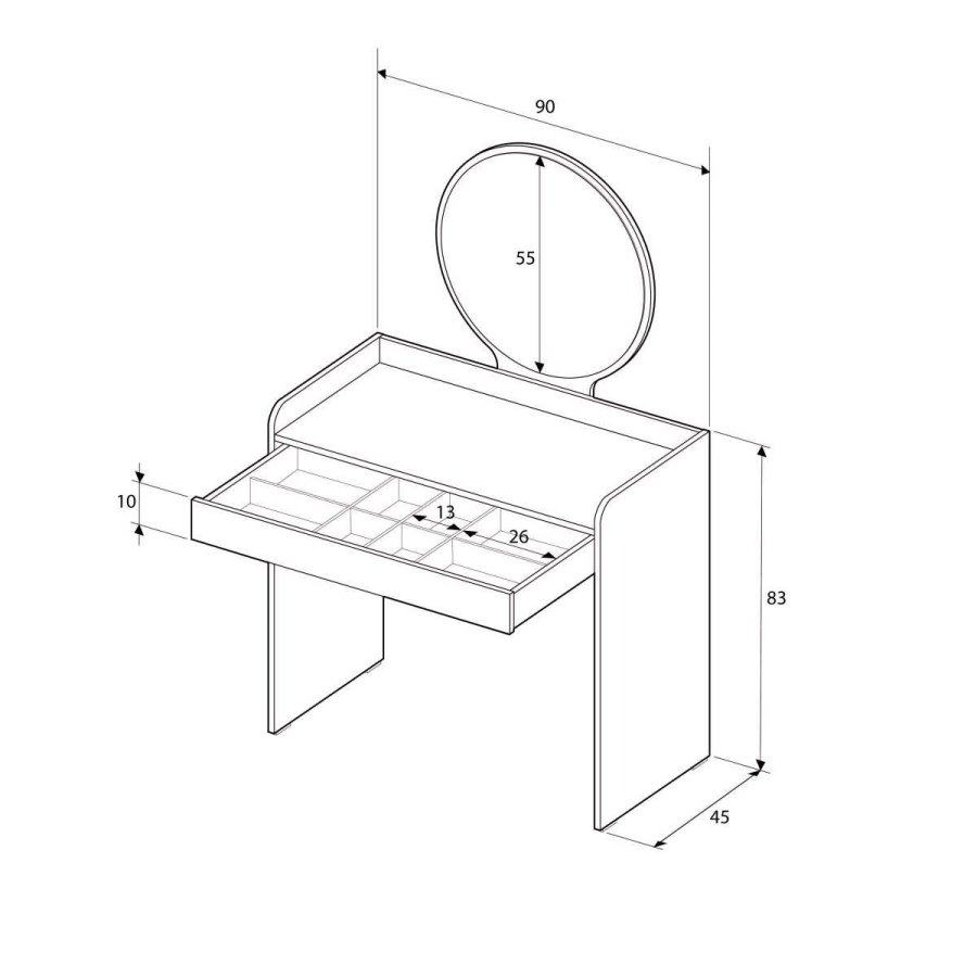 NORDVÄRK Tmu-701-Vv-1 makeup bord, m. spejl, 1 skuffe - melamin (90x47)