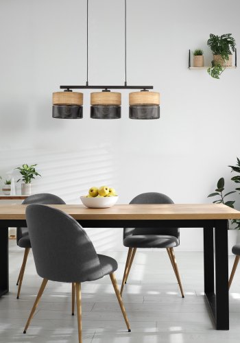 TK Nicol loftlampe, m. 3 skrme - natur finér og sort PVC-folie/metal