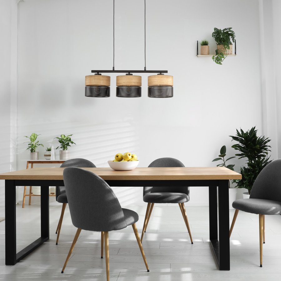 TK Nicol loftlampe, m. 3 skrme - natur finér og sort PVC-folie/metal