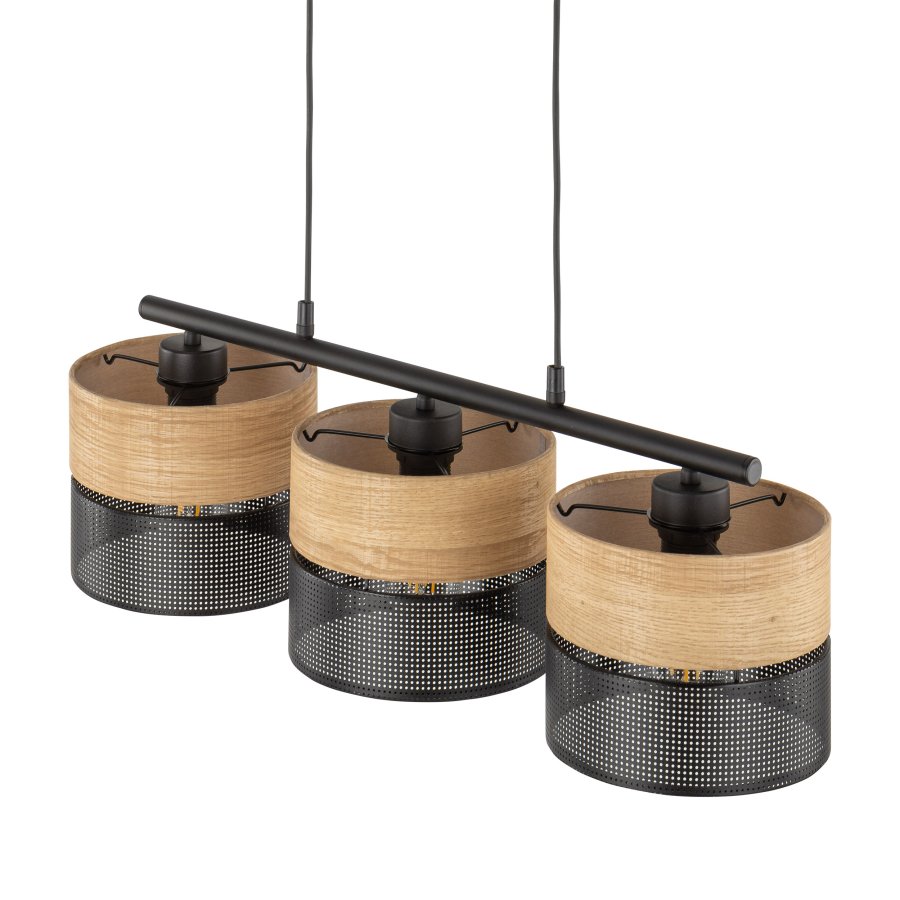 TK Nicol loftlampe, m. 3 skrme - natur finér og sort PVC-folie/metal