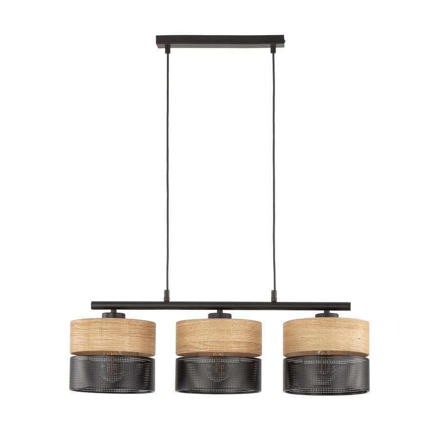 TK Nicol loftlampe, m. 3 skrme - natur finér og sort PVC-folie/metal