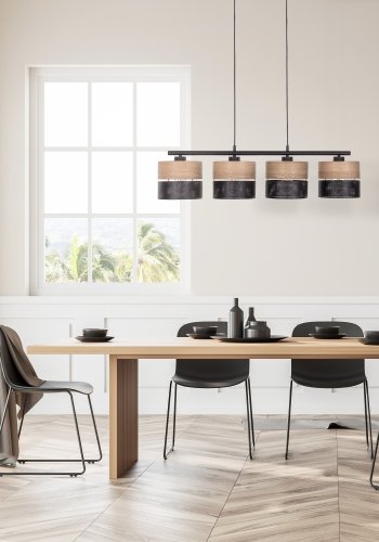 TK Nicol loftlampe, m. 4 skrme - natur finér og sort PVC-folie/metal