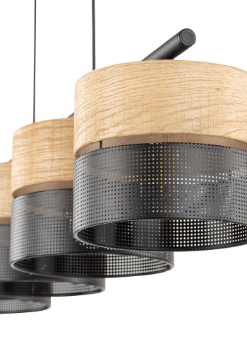 TK Nicol loftlampe, m. 4 skrme - natur finér og sort PVC-folie/metal