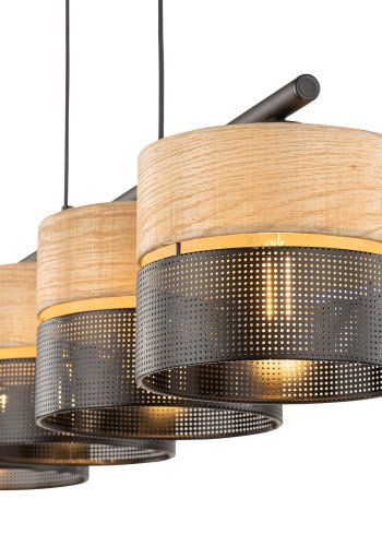 TK Nicol loftlampe, m. 4 skrme - natur finér og sort PVC-folie/metal