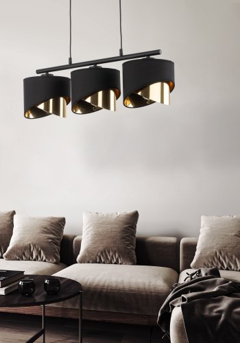 TK Grant loftlampe, m. 3 skrme - sort stof og guld folie