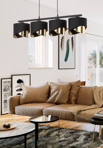 TK Grant loftlampe, m. 4 skrme - sort stof og guld folie