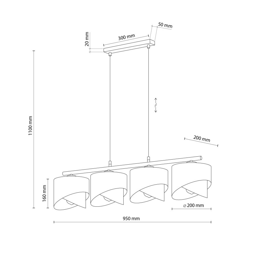 TK Grant loftlampe, m. 4 skrme - sort stof og guld folie