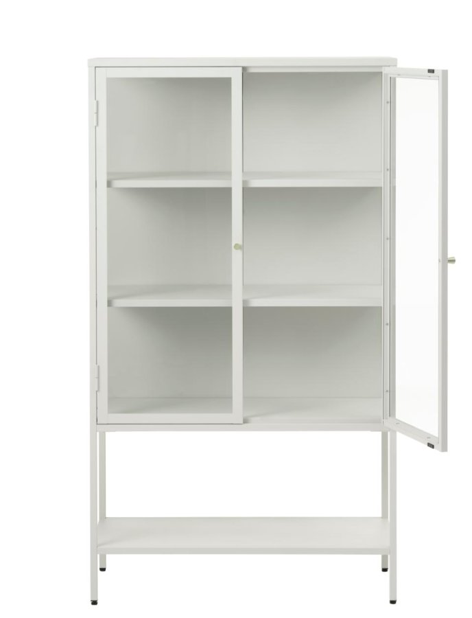 Carmel skab, hje ben, m. 2 lger og 3 hylder - glas og greige metal (H:160)