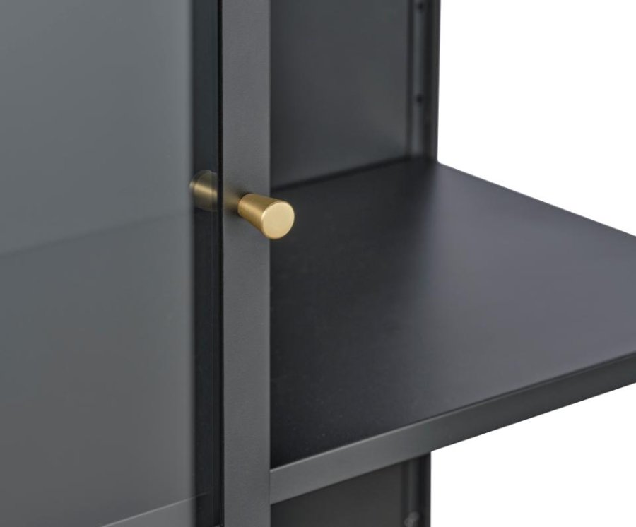 Carmel skab, hje ben, m. 2 lger og 3 hylder - glas og sort metal (H:160)