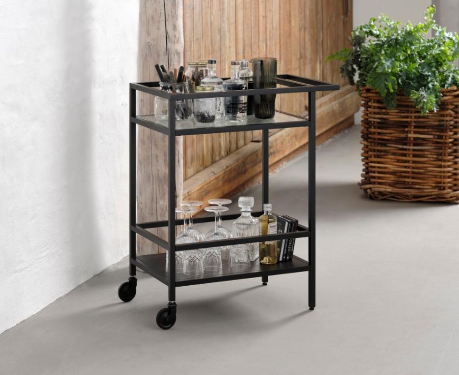 Bronco rullebord, m. 1 hylde - riflet glas og sort metal (70x42)