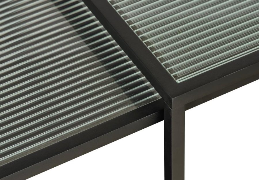 Bronco Nest sofabord, m. 1 hylde - riflet glas og sort metal (60-90x60-45)