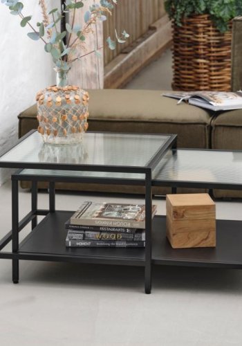 Bronco Nest sofabord, m. 1 hylde - riflet glas og sort metal (60-90x60-45)