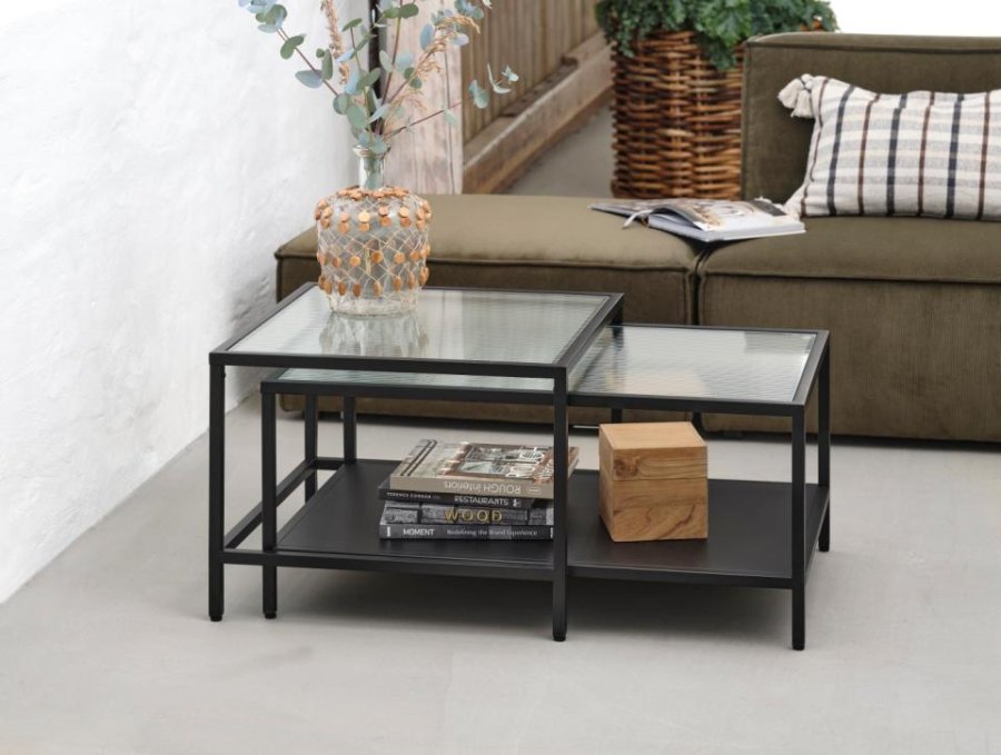 Bronco Nest sofabord, m. 1 hylde - riflet glas og sort metal (60-90x60-45)