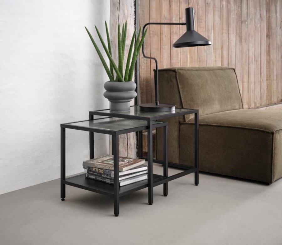 Bronco sidebord, m. 1 hylde - riflet glas og sort metal (50-45x50-45)