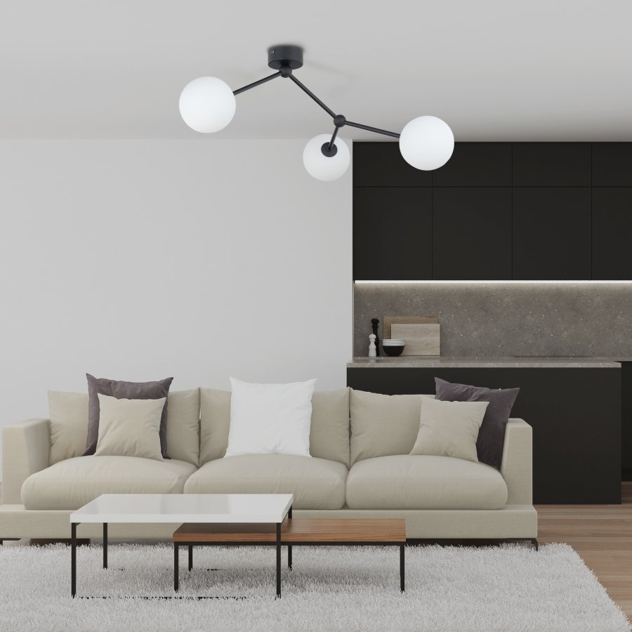 TK Fairy loftlampe, m. 3 skrme - glas og sort metal