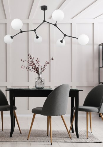 TK Felsort loftlampe, m. 6 skrme - hvid glas og sort metal