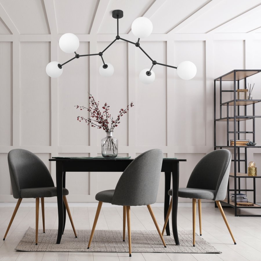 TK Felsort loftlampe, m. 6 skrme - hvid glas og sort metal