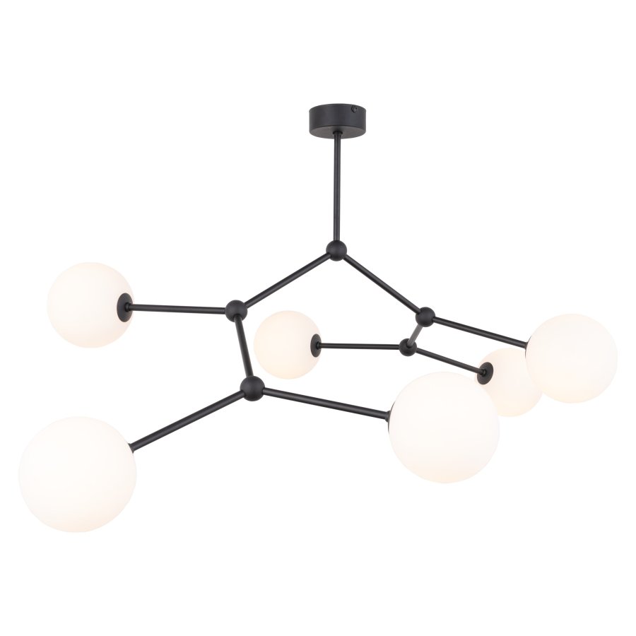 TK Felsort loftlampe, m. 6 skrme - hvid glas og sort metal