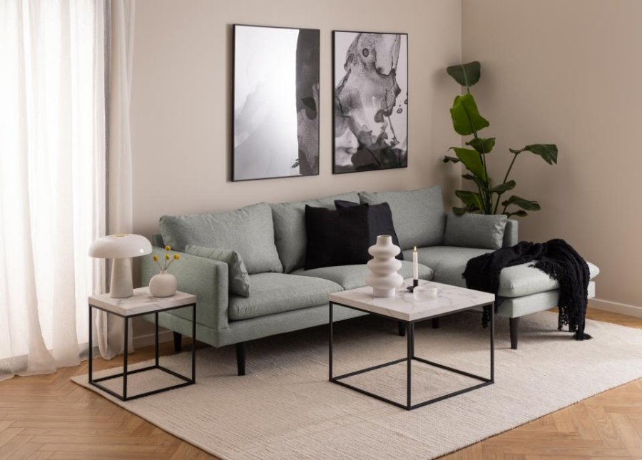 ACT NORDIC Barossa sofabord, kvadratisk - hvid papir Carrara marmorlook og sort stl (60x60)