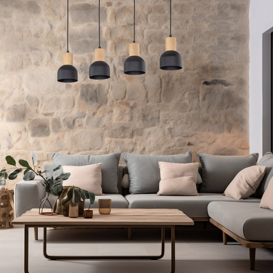 TK Cairo loftlampe, m. 4 skrme - natur tr og sort metal