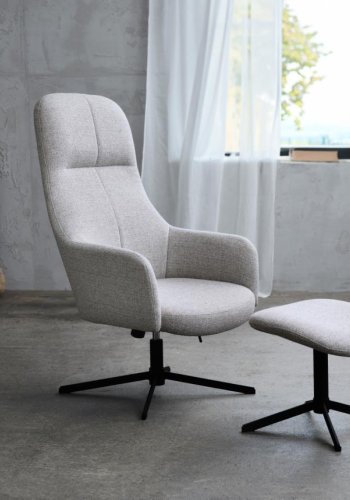 Manning hvilestol og fodskammel, m. armln - natur stof og sorte ben