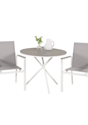VENTURE DESIGN Parma havest, m. cafébord og 2 stole m. armln - hvid alu/gr textilene/gr aintwood