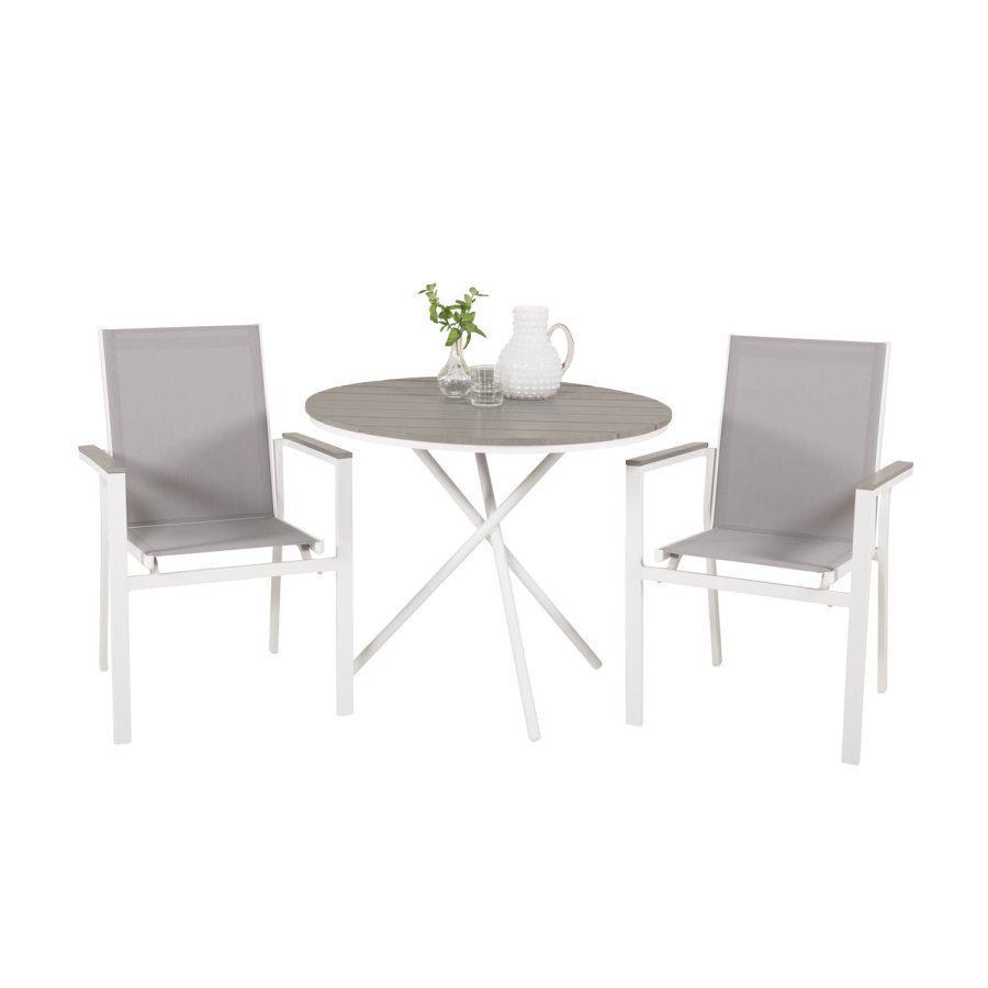 VENTURE DESIGN Parma havest, m. cafébord og 2 stole m. armln - hvid alu/gr textilene/gr aintwood