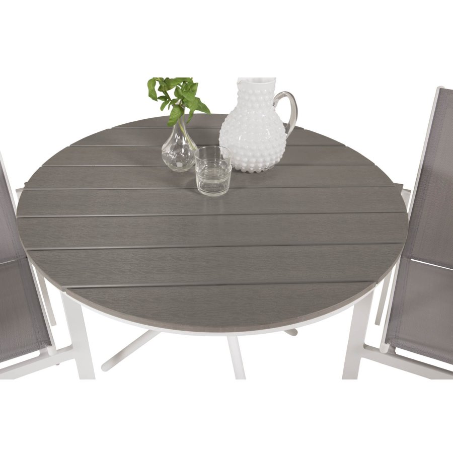 VENTURE DESIGN Parma havest, m. cafébord og 2 stole m. armln - hvid alu/gr textilene/gr aintwood