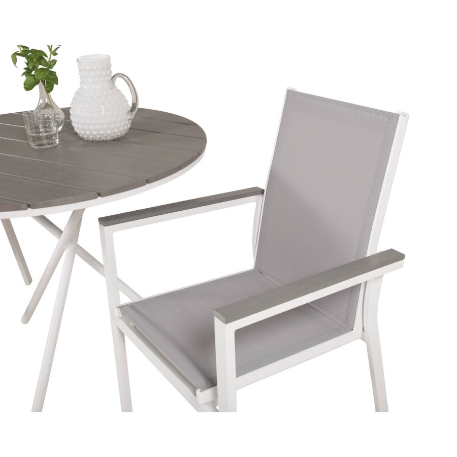 VENTURE DESIGN Parma havest, m. cafébord og 2 stole m. armln - hvid alu/gr textilene/gr aintwood