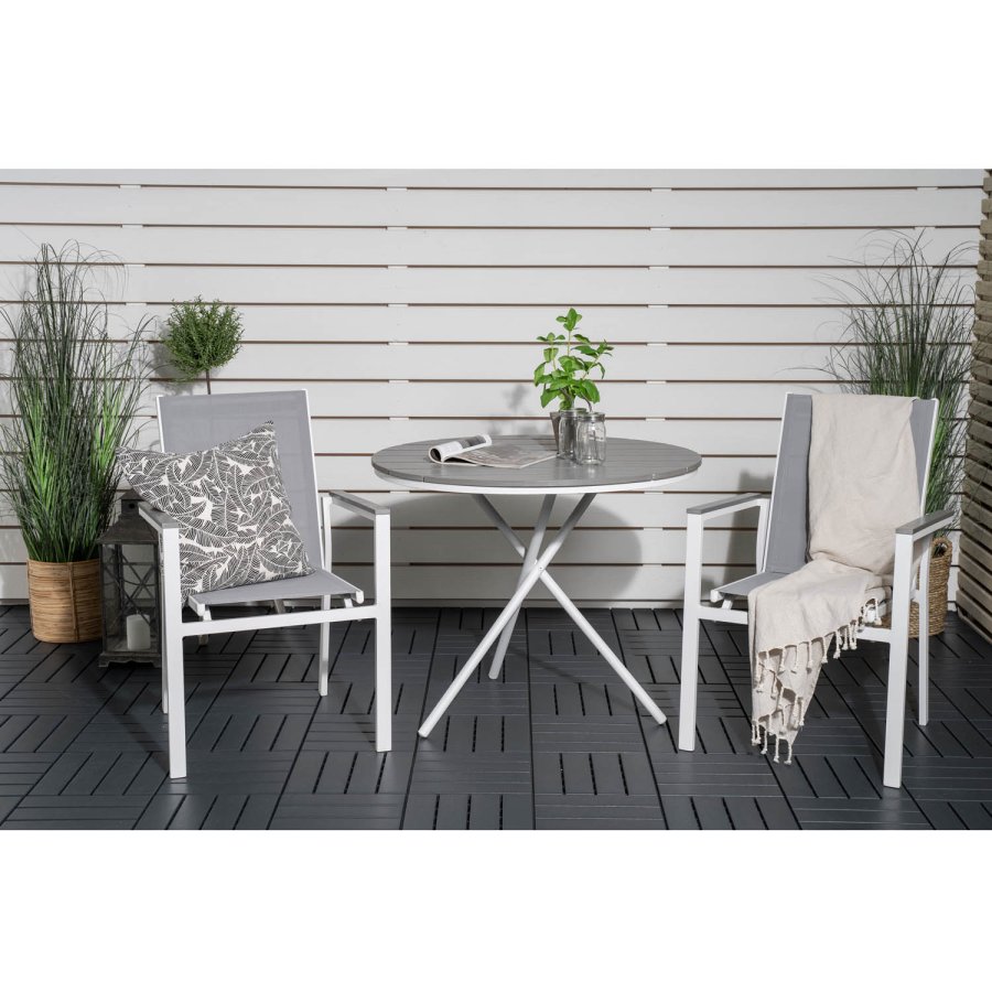 VENTURE DESIGN Parma havest, m. cafébord og 2 stole m. armln - hvid alu/gr textilene/gr aintwood