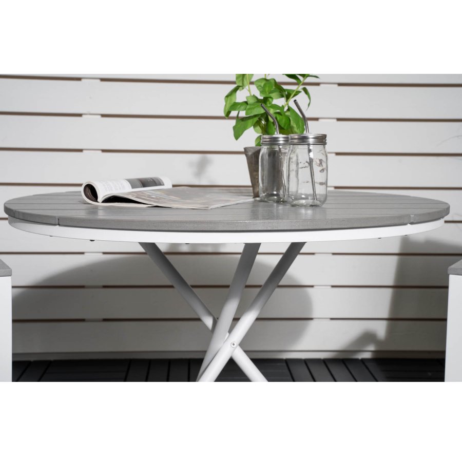 VENTURE DESIGN Parma havest, m. cafébord og 2 stole m. armln - hvid alu/gr textilene/gr aintwood